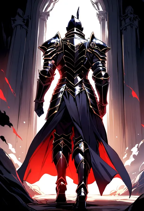 Black knight walking in armored armor. The gentleman has a broad back.