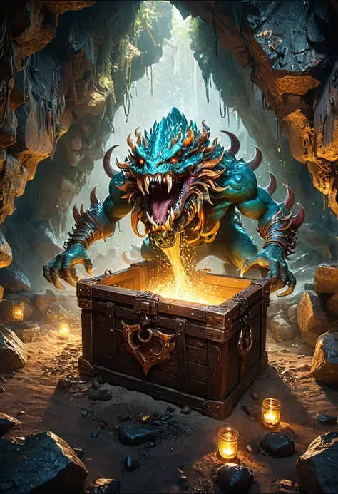 treasure box monster mimic, d&d, deep in an abandoned mine shaft, explorers find a forgotten chest covered in dust. however, as ...