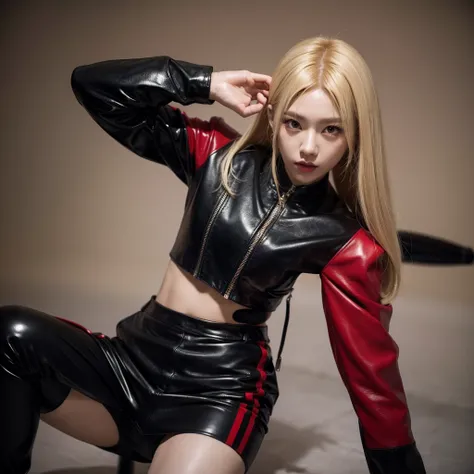 Kpop idol concept picture for dark concept. Blonde hair, red and black leather outfit