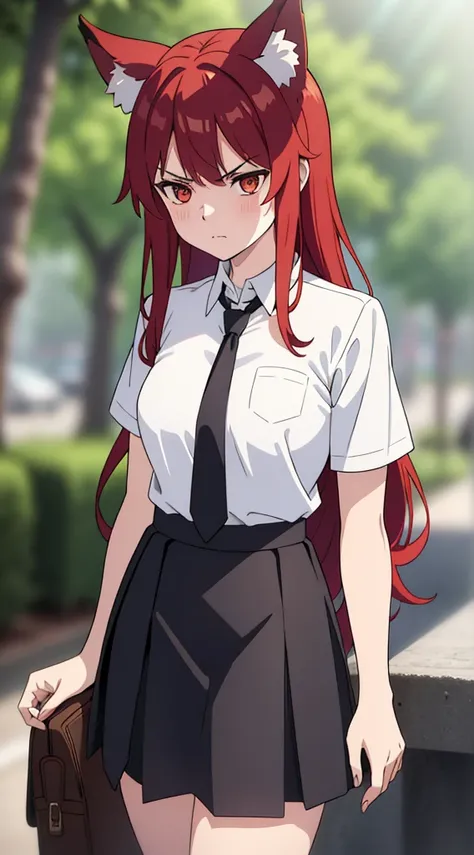 1girl ,20s,angry face,white shirt,short sleeves,(black standard tie),white school skirt,(red hair),long hair,fox ears,cowboy shot,forest