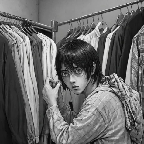 holding clothes, (anime), bizarre scenario, This is Junji, Yusuke Murata, black and white, 8K, anime, horror