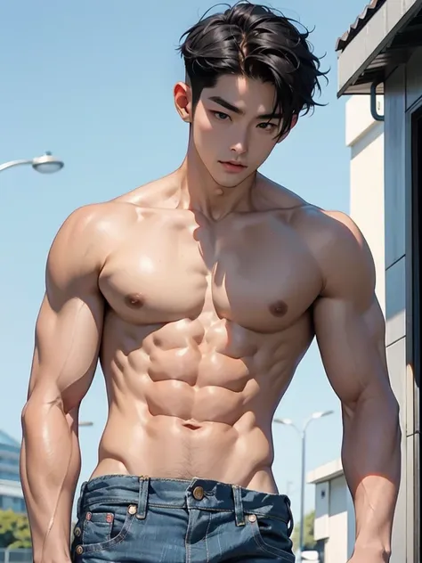 25 year old handsome korean, solo, (no shirt),no top wear ((show abs 6 pack)), black sagged jean, 