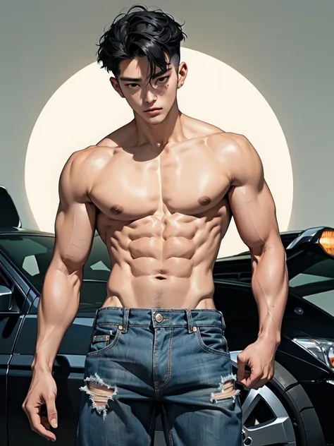 25 year old handsome korean, solo, (no shirt),no top wear ((show abs 6 pack)), black sagged jean, 