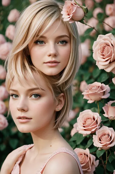 8k, photo and gross, fujifilm, Style photography of a beautiful young girl like Avril in a light pink rose garden. (very detailed skin: 1.2) Style-Petal BREAK short hair, blonde hair with colored highlights, wearing a dress, film grain, 35mm, beautiful sty...