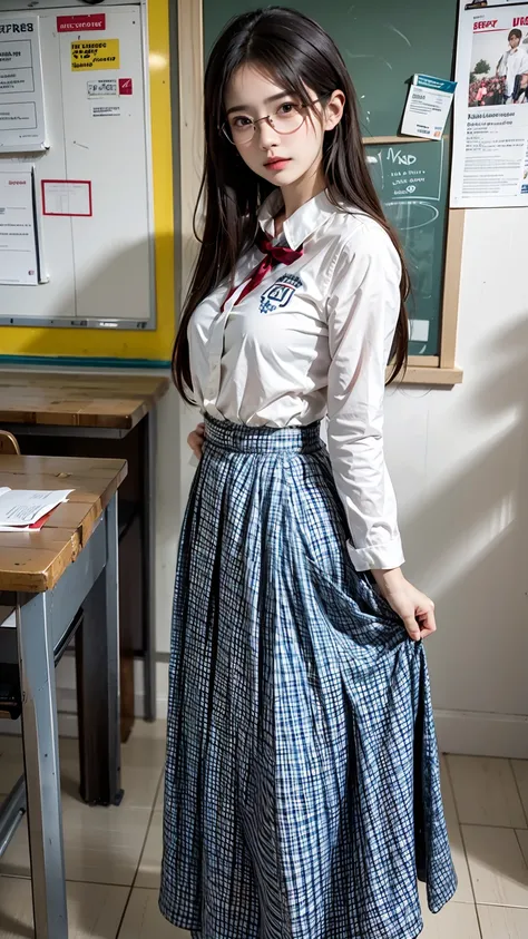 masterpiece,best quality,ultra detailed, 1girl, seifuku, tight, school girl, classroom, long skirt, glasses