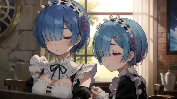 masterpiece,best quality,1 girl,rem sleep,blue hair,short hair,hair over one eye,hair ornament,maid,sitting on the table,near th...