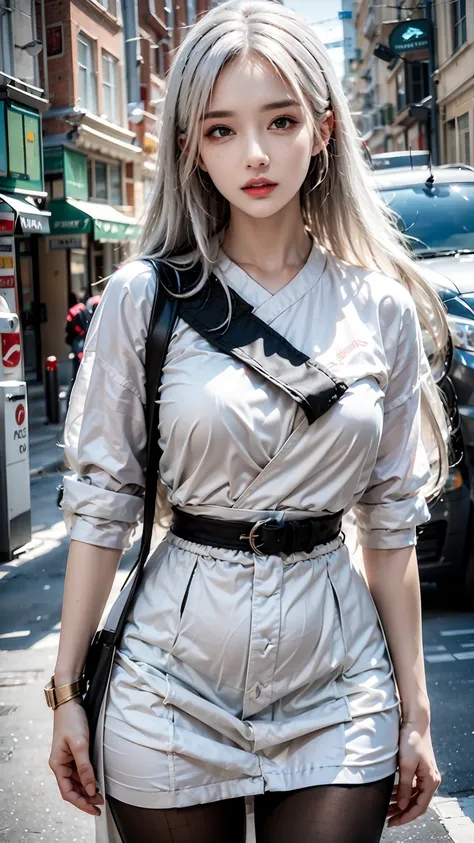 female,masterpiece, realistic, best quality, ultra detailed, cowboy_shot, long white hair, jewelery, street wear, colorful cloth...