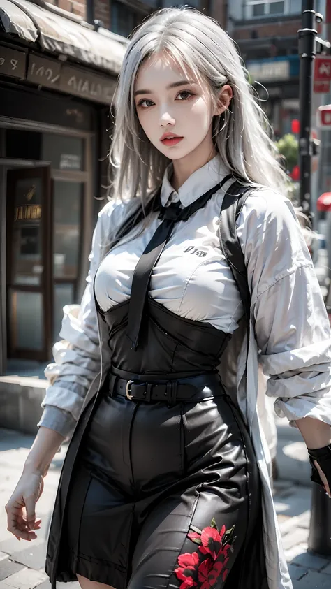 female,masterpiece, realistic, best quality, ultra detailed, cowboy_shot, long white hair, jewelery, street wear, colorful cloth...