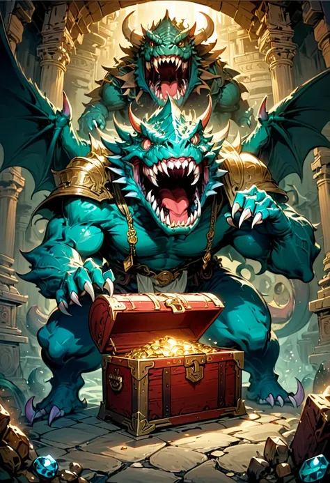 Treasure Box Monster Mimic, D&D, The scene mainly depicts a monster hidden in the secret chamber of an ancient temple. It is a treasure chest monster embedded with gemstones, with a huge mouth protruding from the treasure chest and sharp teeth visible. Sur...