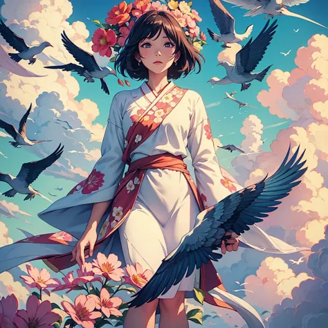 masterpiece, illustration, anime, 1girl, floral, cloud, bird, flow