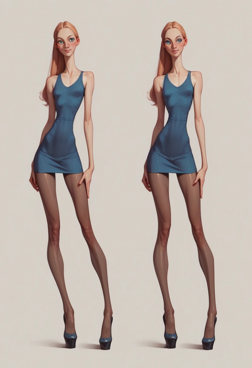 Unrealistically skinny. Narrow body anorexia thin long skinny legs. In a short dress. in pantyhose. in heels. elongated skinny body