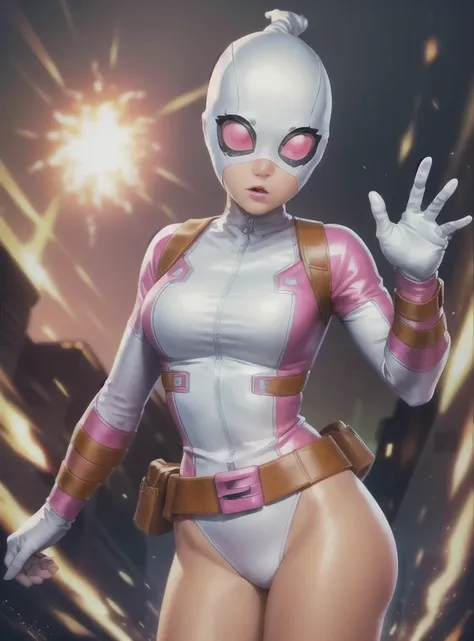 (gwenpool attacking:1), (white mask:1.2), (superhero, bodysuit, pink leotard, belt, gun, hood:1), looking at viewer, cute pose, ...