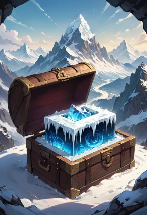 treasure box monster mimic from d&d, the screen mainly depicts a treasure chest covered in ice and snow on the towering mountain...