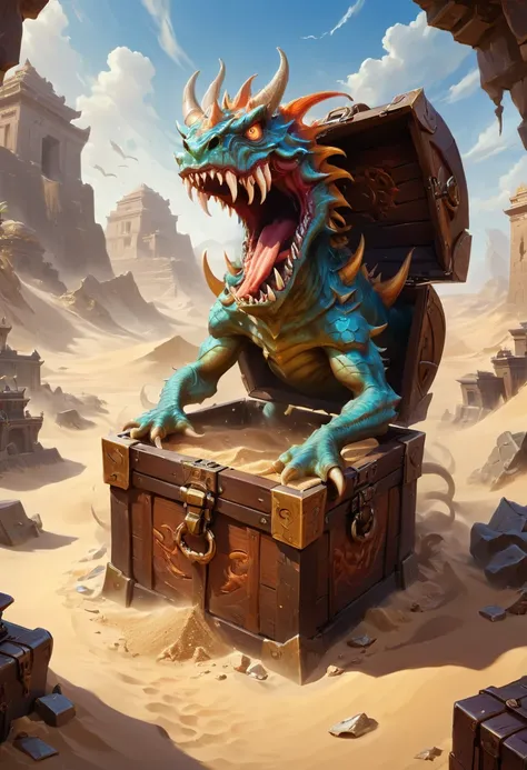 treasure box monster mimic from d&d, the screen mainly depicts an ancient ruins buried by wind and sand. a monster is hidden ins...