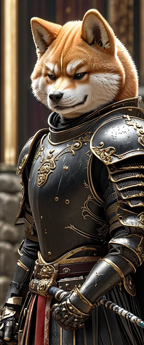 Close-up shot of a Shiba Inu, Shiba Inu Samurai,whole body, He has a Japanese sword wrapped in lightning., Wearing black Japanese armor, Japanese temple background, High resolution, masterpiece, Highest quality, Super detailed, Super detailed, Ultra-realis...