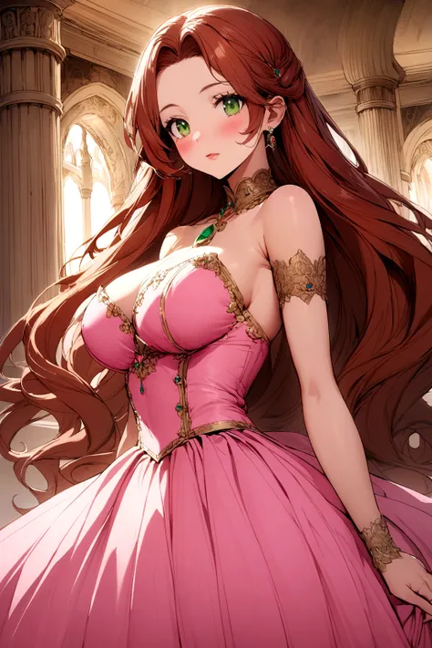 A busty princess with caramel auburn hair and green eyes wearing a pink royal dress while in a palace 