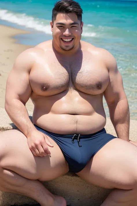 ((highest quality)), ((masterpiece)), (detailed), (Perfect Face), 4k, Shaved head, Young Japanese, Muscular, Fat body, Very big man, smile, White small swimsuit, Well-groomed fat face, Naked, Have power, Sitting with legs spread very wide, Highlights very ...