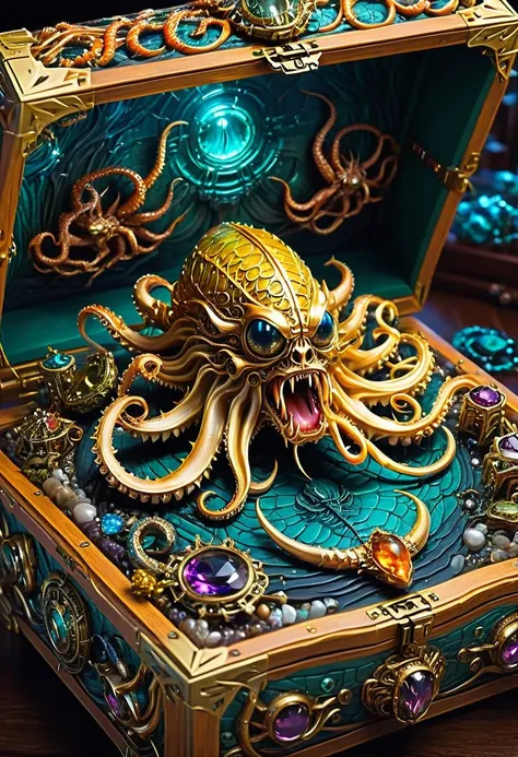 Mimic Monster disguise Treasure Box, revealing terrifying fangs, Long tentacles. Scattered jewelry, by Wes Anderson, best quality, masterpiece, very aesthetic, perfect composition, intricate details, ultra-detailed