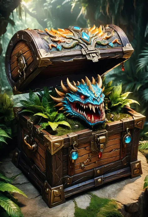 Treasure Box Monster Mimic from D&D, The screen mainly depicts a monster hidden in a dense jungle treasure chest, which is engraved with mysterious symbols. Spike teeth pop out of the chest, ready to launch an attack, surrounded by dense jungle, giving peo...