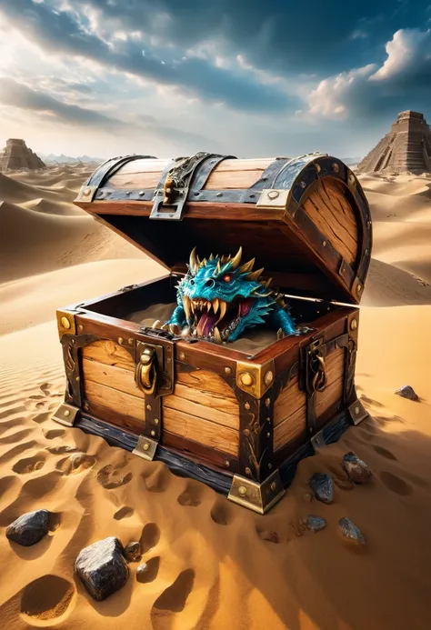 treasure box monster mimic, mimicry, disguise as a treasure chest, the screen mainly depicts an ancient ruins buried by wind and...