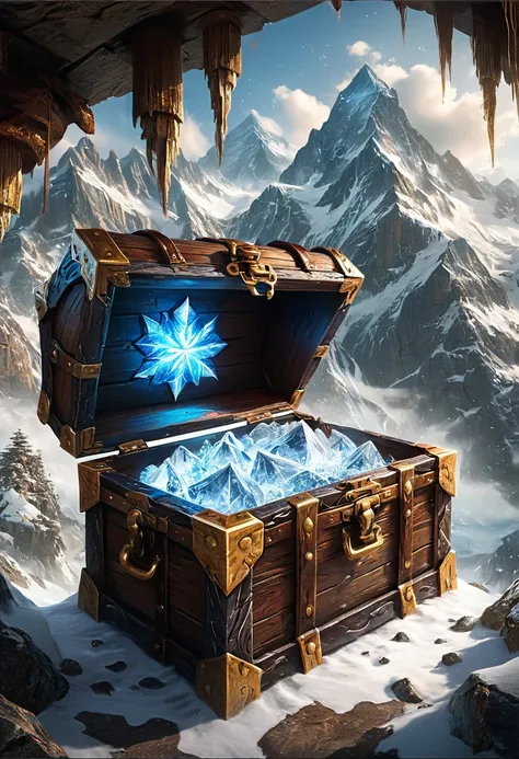 treasure box monster mimic, mimicry, disguise as a treasure chest, the screen mainly depicts a treasure chest covered in ice and...