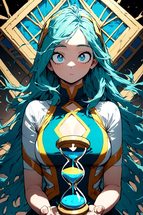 My hero academia, woman with long cyan hair and cyan eyes, wearing a dress and a hourglass figure