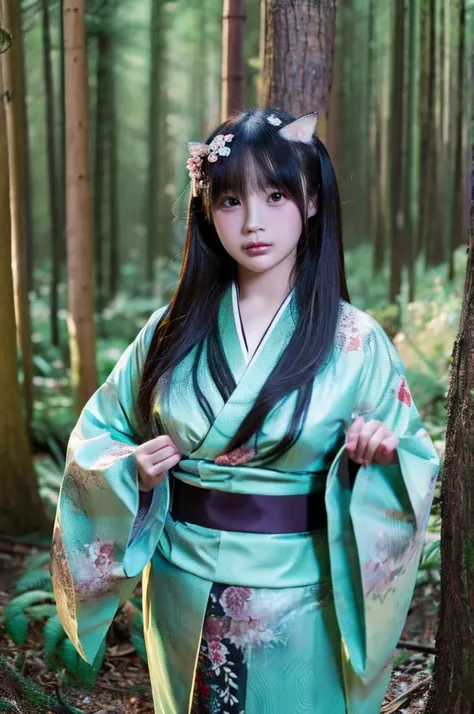 Wearing a kimono、woman in a mythical forest, masterpiece, perfect face, intricate details, horror theme  ghost, floating,