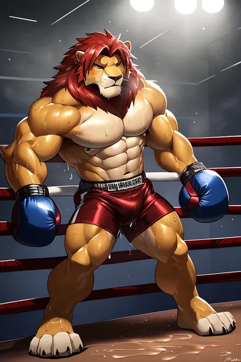 ((solo)), (anthro:1.2) lion (lora; simba), adult, (athletic:1.4), (dense muscles), (super strong:1.4), (correct anatomy:1.2), (broad shoulders:1.2), (heavy build, massive body:1.6), (realistic fur, detailed fur texture:1.3), detailed background (corner of ...