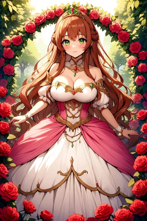 A princess busty light-skinned girl with green eyes and reddish-brown hair wearing a princess dress while in a rose garden