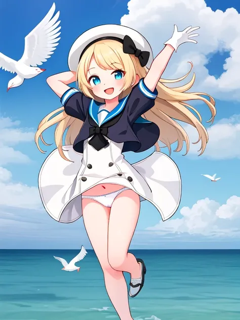 alone, one girl, jarvis, long hair, sailor hat, white sailor suit, cropped jacket, short sleeves, blonde, cute, happy, nice smile, young, bright sunlight, Full body image, Are standing, dance, (masterpiece:1.2), best quality, masterpiece, top quality, sea,...