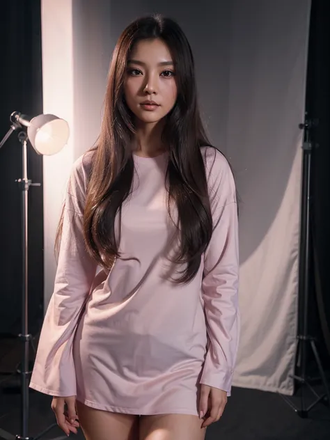 Close-up of a beautiful long-haired Asian woman with beautiful eyes. She wore a large, long-sleeved shirt with the sleeves rolled up into a cute pink cartoon shape. She stands gracefully amidst studio lights, a highly detailed 3D smoke simulation. professi...