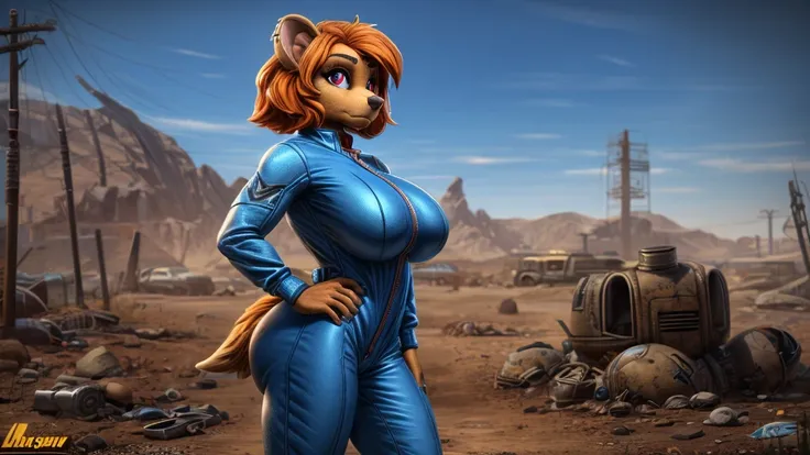 Skye from Paw Patrol, female cockapoo, anthro, mature adult, big breasts, big butt, orange hair, magenta eyes, Fallout Vault blue with yellow stripe, jumpsuit, tight jumpsuit, standing, serious, wasteland, detailed, solo, beautiful, high quality, 4K