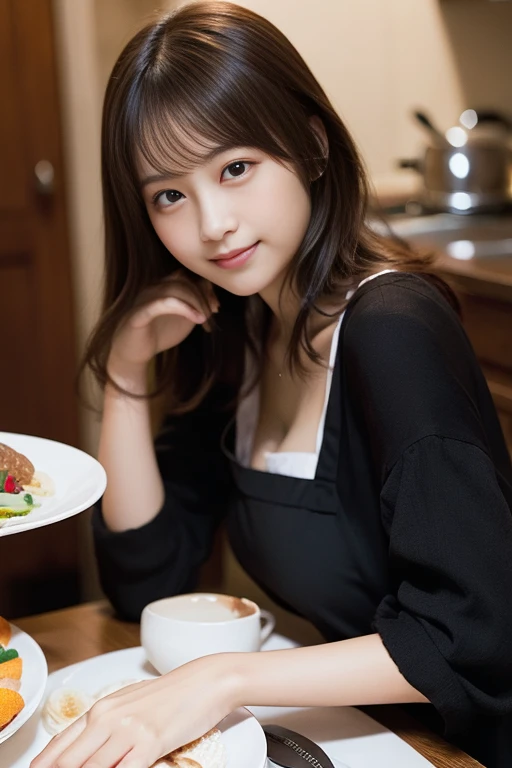 In 8K,Highest quality:1.4, Ultra-high resolution:1.5, (Realistic:1.4),masterpiece:1.2,(Highest quality:1.4)、 RAW Photos、 １Japanese girl、 cute、Mid-breasted:1.5、 (alone:1.8)、kitchen、 (A shy smile:1.3), Smooth Skin、30 years old:1.5、Beautiful dark eyes、Natural...