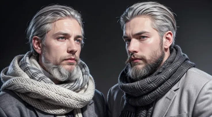 bushy man with beard and scarf, gray hair and beard, dark grey haired man, some grey hair in beard, short white beard, greybeard, silver hair and beard, he has a beard and gray hair, greybeard, well-groomed white beard and hair, white hair and beard, greyb...