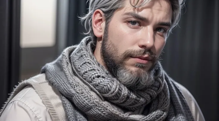 bushy man with beard and scarf, gray hair and beard, dark grey haired man, some grey hair in beard, short white beard, greybeard, silver hair and beard, he has a beard and gray hair, greybeard, well-groomed white beard and hair, white hair and beard, greyb...