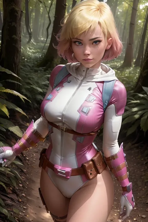 ((ultra quality)), ((masterpiece)), (gwenpool:1), ((blonde hair, multicolored hair, blue eyes)),(superhero, bodysuit, pink leota...