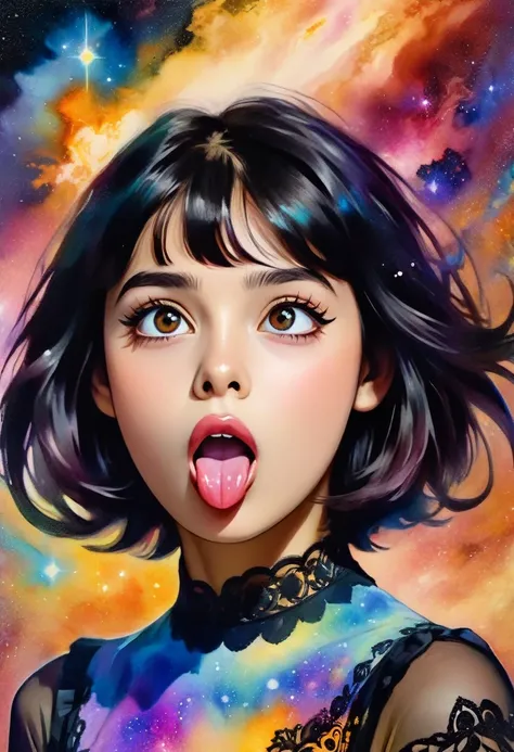 (ahegao!)[((Young girl isabelmoner-smf, dora, the expression of a nirvana face)), long tongue, Cute Black Chaos Bob To The Wind, baroque:20]:BG[Nebula] (Art by Mordecai-Ardon), Lush watercolor palette canvas/acrylic, Intricate, Extreme detailing, Complex k...