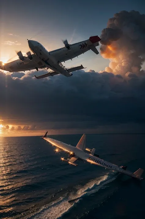 {A commercial airplane stranded in the middle of the ocean, severely damaged with parts on fire, smoke billowing into the sky, and flames reflecting on the water, Photorealistic Image, dramatic lighting, Canon EOS 5D Mark IV, wide angle, highly detailed, 4...