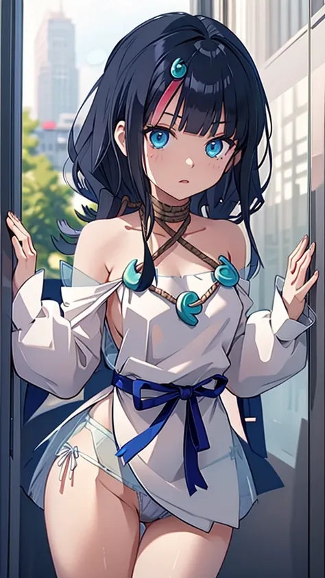 アングル、後ろから、Without skirt、Blue Panties、Panties in full view、In underwear、(masterpiece, best quality), 1girl,   utsumiericeFA,long sleeves, bare shoulders, jewelry, puffy sleeves, necklace, white dress, streaked hair, short dress, blue ribbon, puffy long slee...