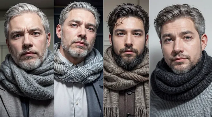 bushy man with a beard and scarf, gray hair and beard, 53 years old man with dark gray hair, some gray hair in his beard, short white beard, Gray beard, silver hair and beard, he has a beard and gray hair, gray beard , well-groomed white beard and hair, wh...