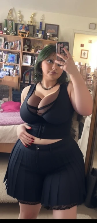 there is a woman taking a picture of herself in a mirror, she has a jiggly fat round belly, her belly is fat and round, 2 2 years old, 18 years old, her belly button is exposed, 2 3 years old, profile photo, 21 years old, she is wearing a black tank top, s...