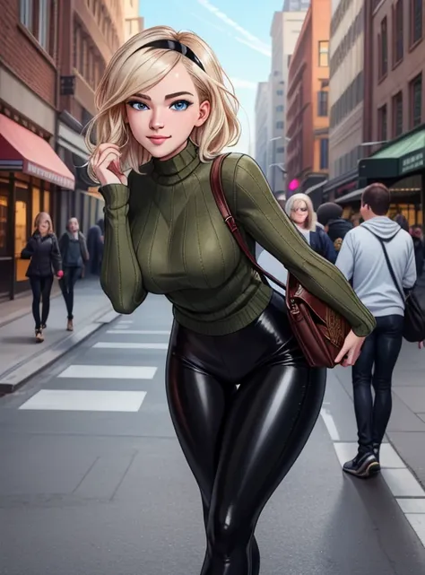 ((ultra quality)), ((masterpiece)), a woman looking at the viewer, expressive, (Gwen Stacy:1.1), (18-Years-Old:1.2), platinum blonde hair, bright blue eyes, black hairband, olive green sweater, black leggings, black heels, holding a handbag, smile, walking...