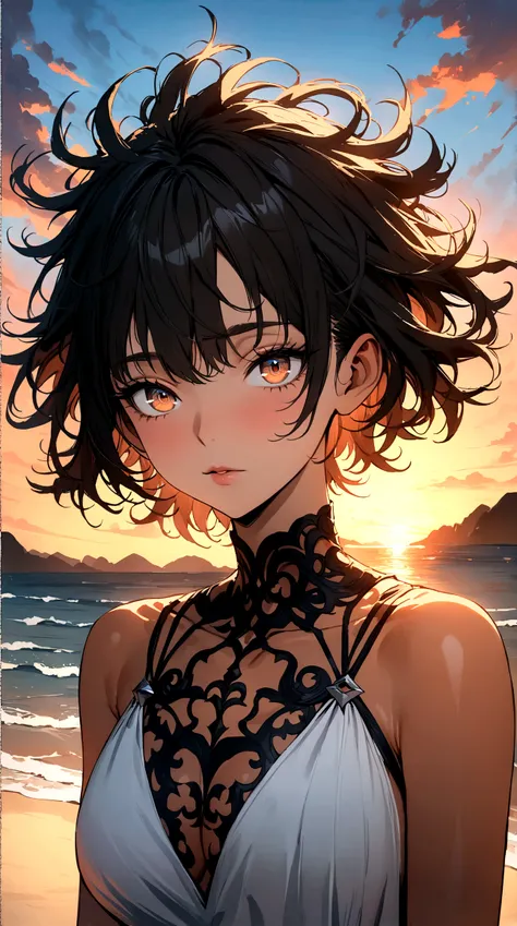 highres, ultra-detailed, (best quality,4k,highres,masterpiece),subdued colors, vivid colors, professional lighting, detailed lips, detailed eyes, girl, black hair, short hair, ((messy hair)), strong body, ((tanned skin)), jujutsu kaisen art style, ((sunset...