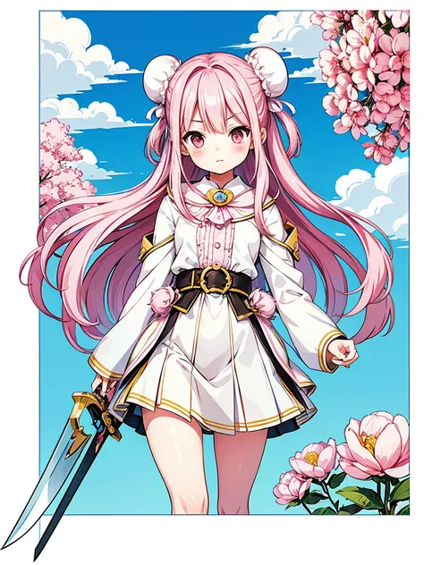 ((Stickers))，Stickers，1 Girl, With sword, White Background,Simple Background,Concept Art,Under Art，Anime Style，Dreamland Wonderland、Fantasy，masterpiece，High resolution，colorful，Detailed explanation，Seven Colors,(Highest quality,masterpiece, Complex,Super d...