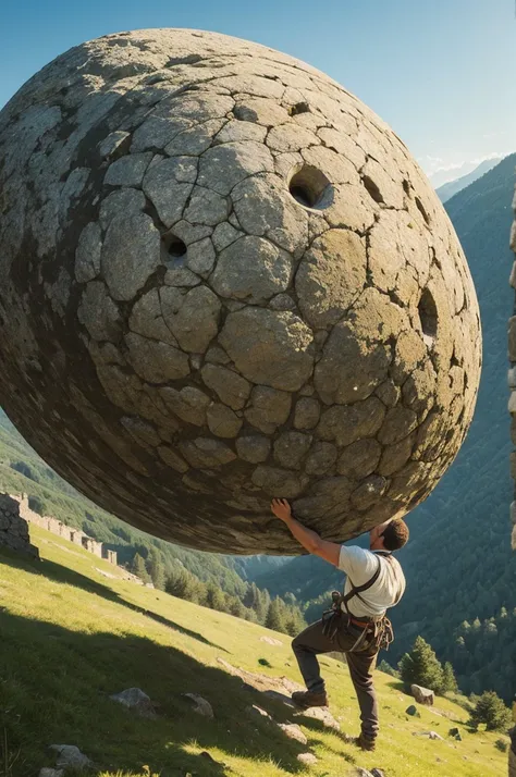 Man trying to move big stone ball to top of hill - Tired stock illustration, climb, Men, moutain, abstrato