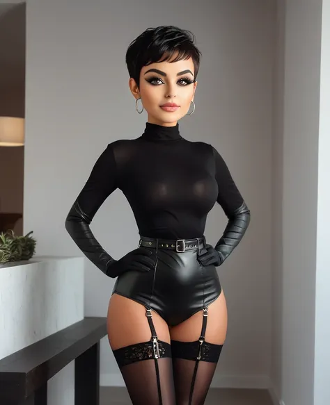 isabella merced, pixie cut hair, dog collar, black leather dress, black gloves, thigh high boots, black boots, instagram pattern...