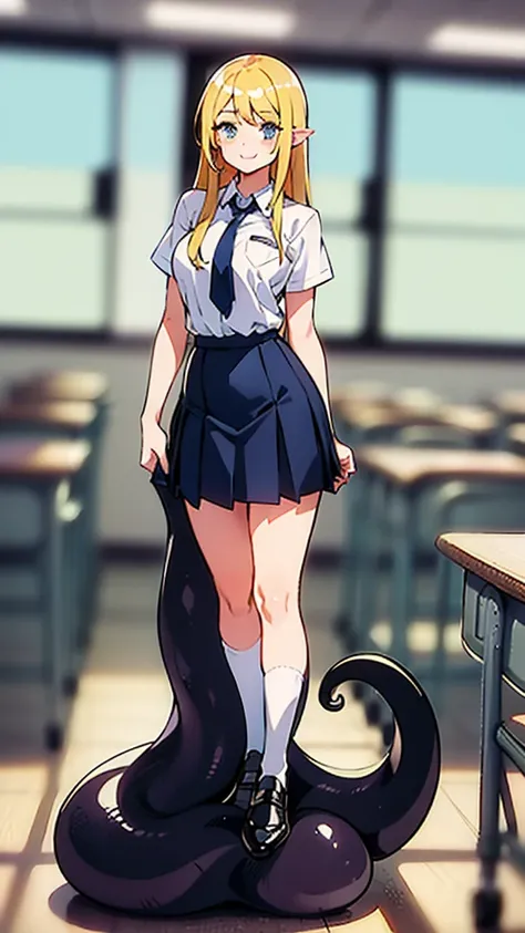 (1girl ,20s,mature female,adult),happy,white shirt,short sleeves,black standard tie,white school skirt,blonde hair,long hair,(classroom),shoggoth,full body