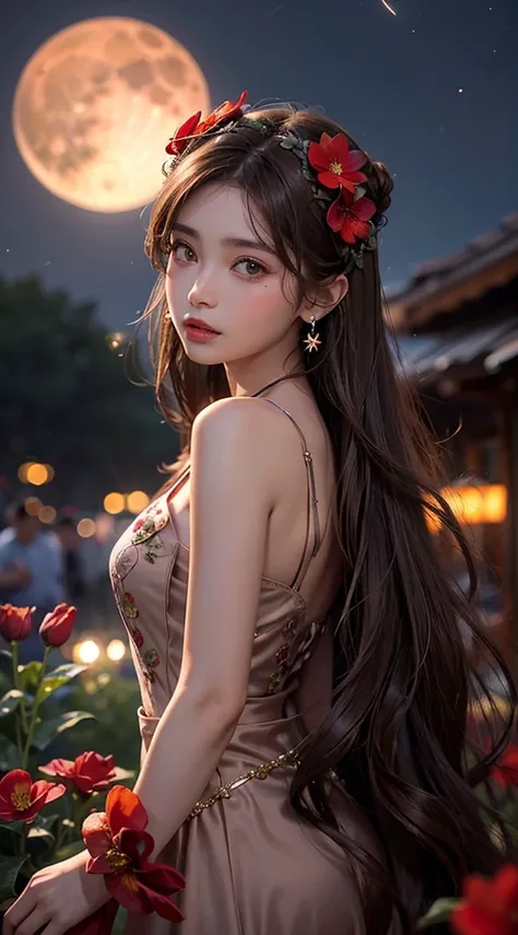 1girl, blurry, blurry_background, brown_eyes, brown_hair, depth_of_field, earrings, flower, full_moon, hair_flower, hair_ornament, lips, looking_at_viewer, moon, moonlight, night, night_sky, outdoors, red_flower, red_moon, sky, solo