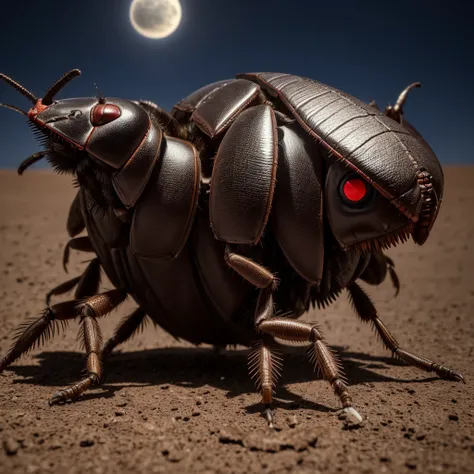 A large and powerful cockroach, with a demonic face with red eyes, open mouth, long and sharp teeth, it plays with a small planet Earth, in a dark earthen desert, with a gloomy atmosphere