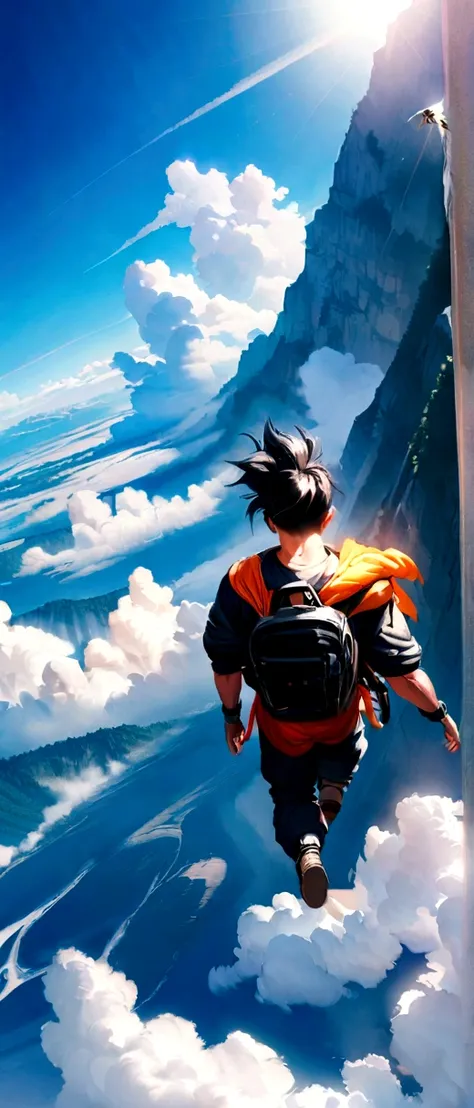 Goku flying,over the clouds,beautiful sunny day,ultra realisitic.